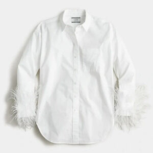 J Crew Collection button down top women’s size 0 white poplin feather trim